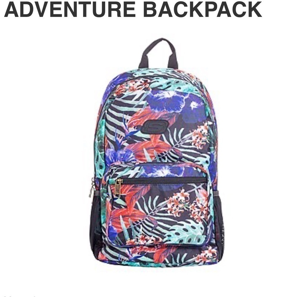 NWT-Skechers-black with multi floral back pack.metal zippers.unisex